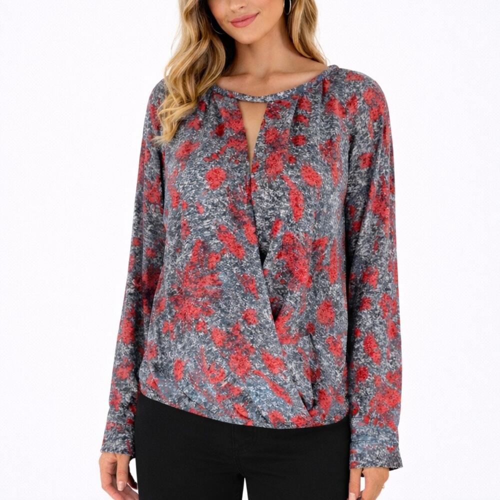 Yoana Baraschi Printed Faux Wrap Top Blouse Long Sleeve Gray Red Size S/M